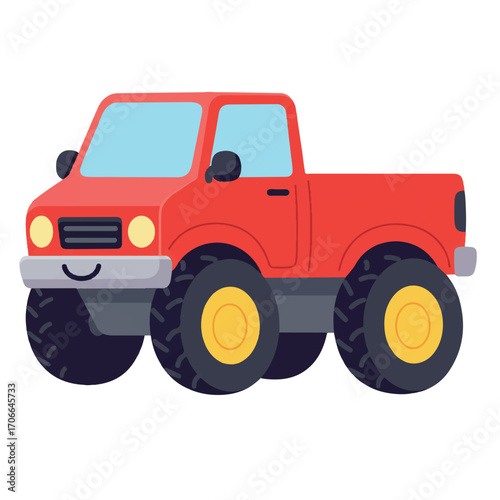 Cartoon red monster truck with big tires and a smiling grill.