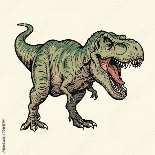 Vintage-style illustration of an angry T-Rex with a green and brown color scheme on a plain beige background.