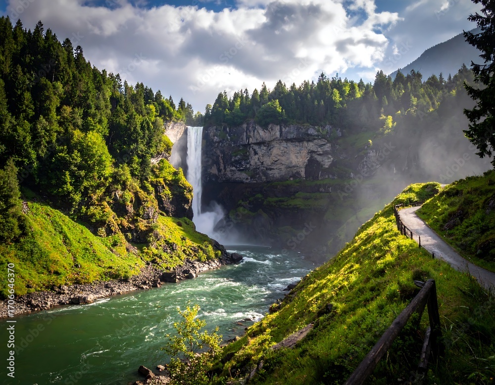 Fototapeta premium Lush green valley with a powerful waterfall