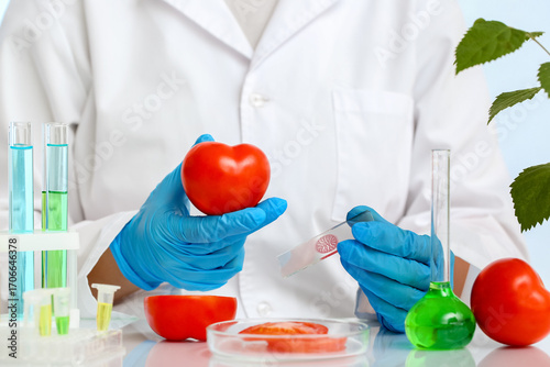 Female scientist with test tubes of samples and fresh tomatoes in laboratory,...
