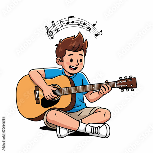 A happy cartoon boy sits cross-legged while playing an acoustic guitar with musical notes floating above his head.