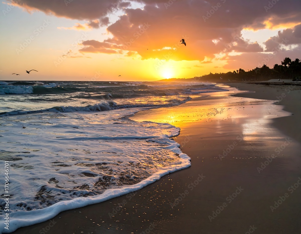 Naklejka premium Sunrise over a tranquil beach (1)