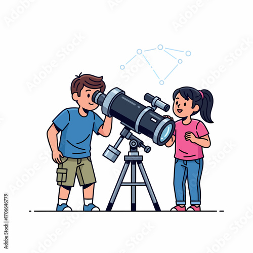 Two children, a boy and a girl, exploring the night sky and stars with a telescope, learning about astronomy together.