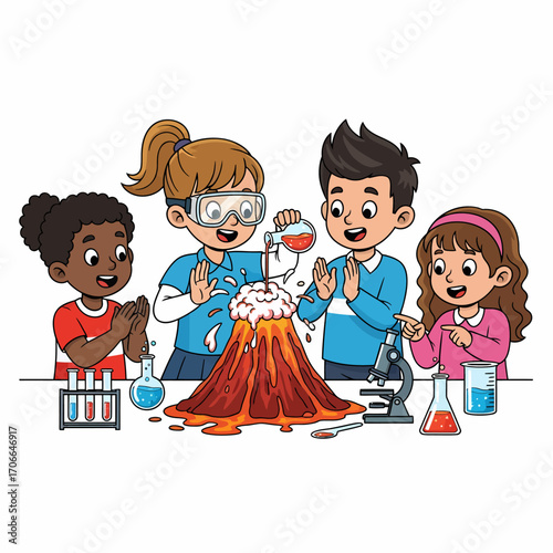 Children conducting a science experiment, creating a volcano eruption, with various lab equipment.