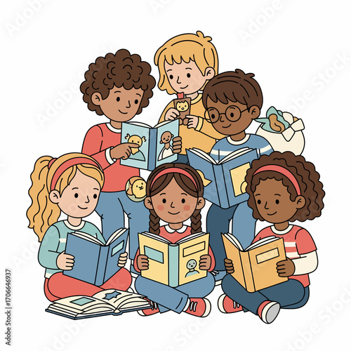 A group of diverse children happily reading books together, some sitting on the floor and others standing, all engaged in their stories.