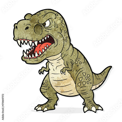 Vintage-style illustration of an angry T-Rex with an open mouth and sharp teeth on a clean white background.