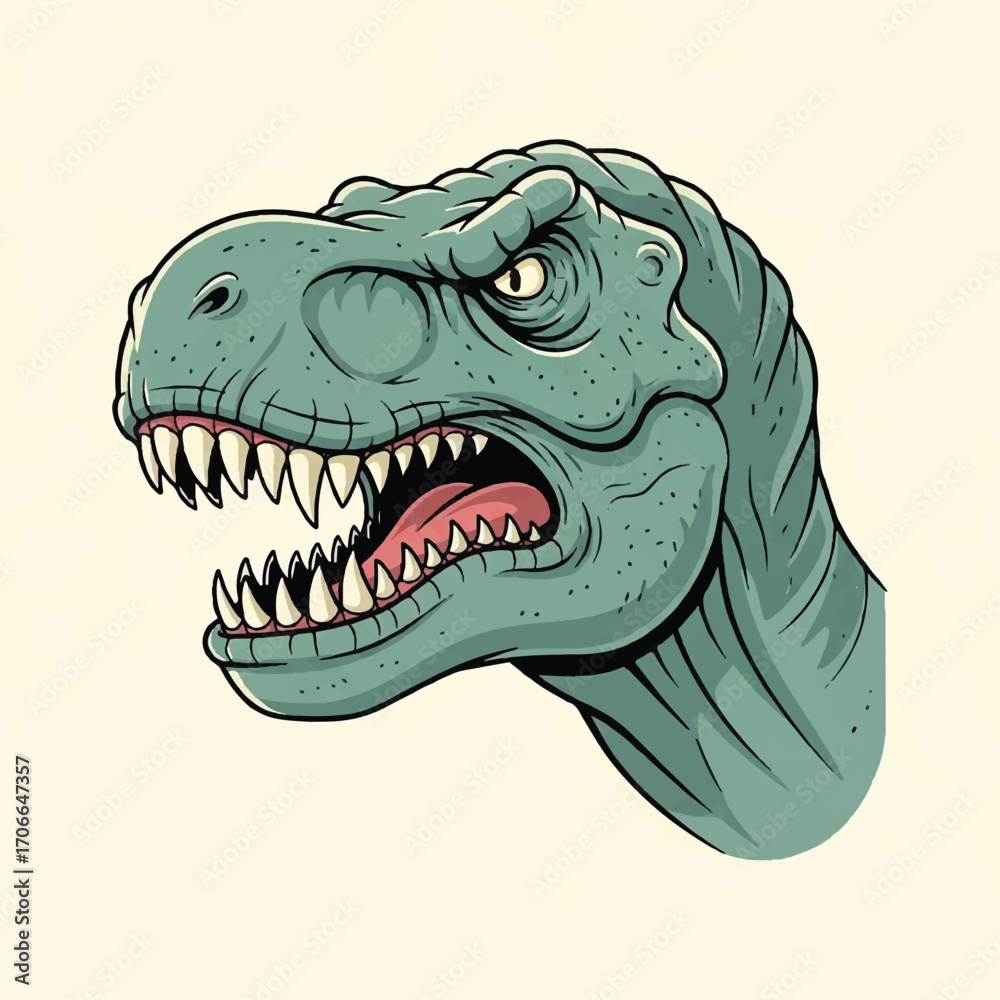 Fototapeta premium An angry T-Rex with its mouth open, showcasing sharp teeth, in a vintage illustration style against a plain background.