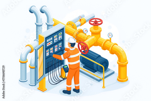 Industrial Engineer Operating Control Panel for Pipeline and Gas Valve System Illustration