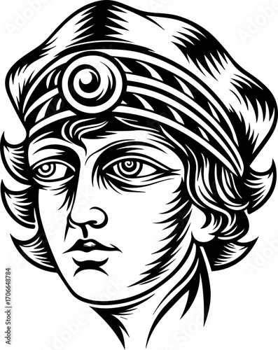 SVG tattoo portraits of ghostly sailors with skull motifs. Vintage Style Illustration of a Young Woman with Headwear Design