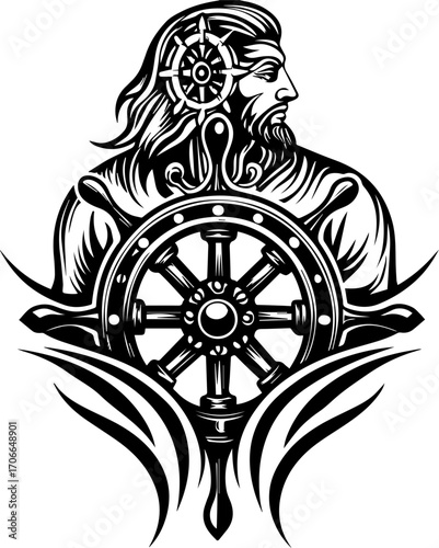 SVG tattoo portraits of ghostly sailors with skull motifs. Strong Man with Nautical Wheel and Tribal Design in Black and White