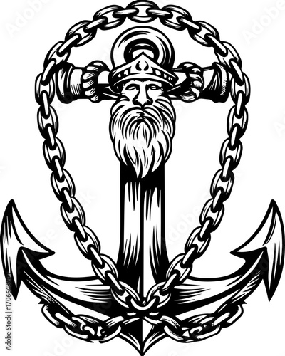 SVG tattoo portraits of ghostly sailors with skull motifs. Vintage Nautical Anchor Design with Chain and Sailor Iconography