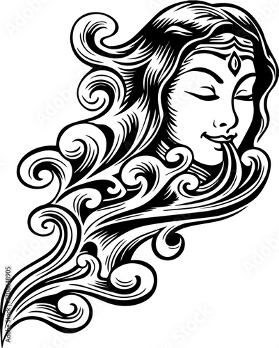 SVG tattoo portraits of ghostly sailors with skull motifs. Intricate Illustration of a Serene Woman with Flowing Hair Design