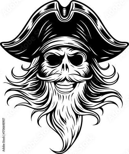 SVG tattoo portraits of ghostly sailors with skull motifs. Skull with Beard and Pirate Hat in Vintage Tattoo Style Design