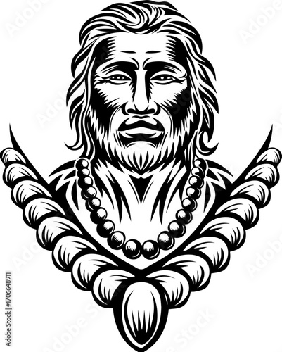 SVG tattoo portraits of ghostly sailors with skull motifs. Vintage Black and White Illustration of a Tribal Man with Necklace