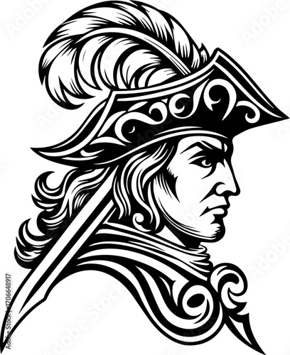 SVG tattoo portraits of ghostly sailors with skull motifs. Historical Male Figure with Feathered Hat and Decorative Elements