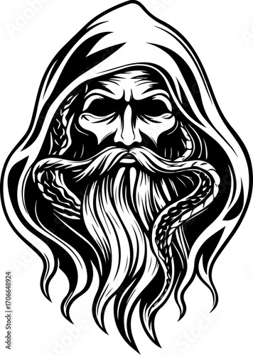SVG tattoo portraits of ghostly sailors with skull motifs. Mysterious hooded figure with long beard and serpent design