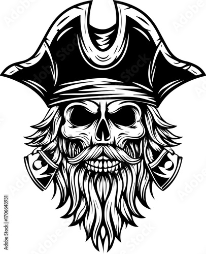 SVG tattoo portraits of ghostly sailors with skull motifs. Black and White Vintage Pirate Skull with Hat and Beard Design