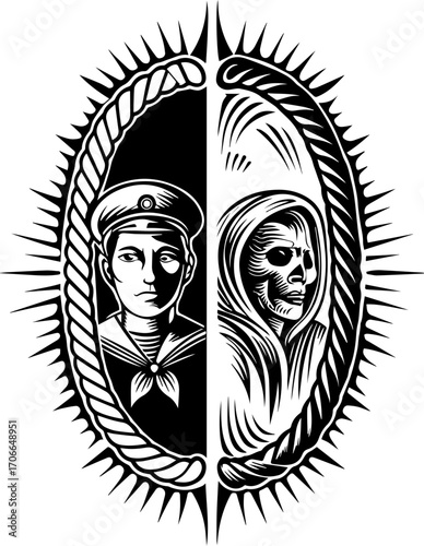 SVG tattoo portraits of ghostly sailors with skull motifs. Duality of Life and Death in Stylized Sailor and Grim Reaper Art