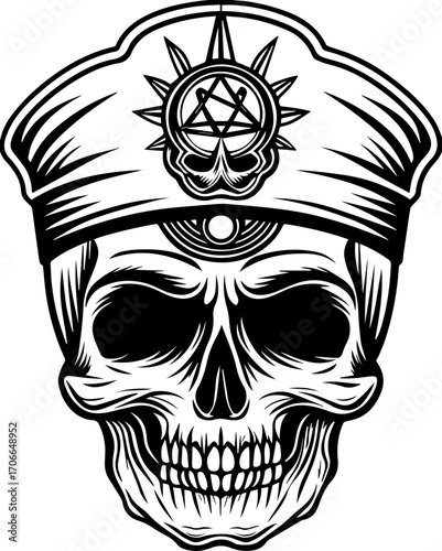 SVG tattoo portraits of ghostly sailors with skull motifs. Detailed Skull Illustration with Masonic Symbol and Hat Design