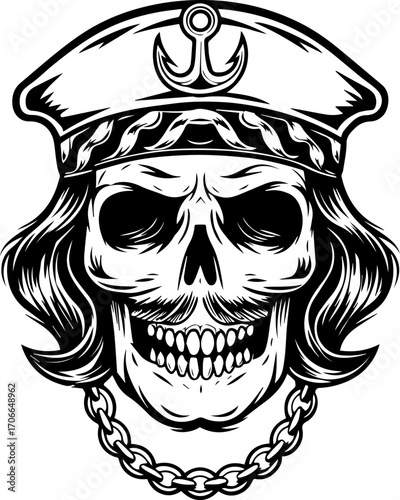 SVG tattoo portraits of ghostly sailors with skull motifs. Intricate Black and White Skull Design with Nautical Theme Elements