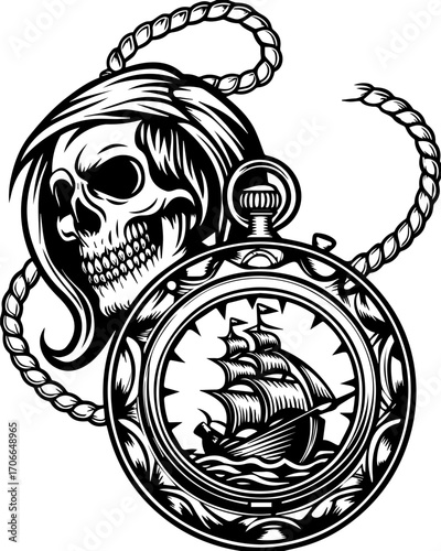 SVG tattoo portraits of ghostly sailors with skull motifs. Skull with Clock and Ship Design in Vintage Black and White Style