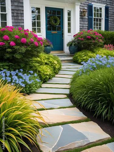 The classic, flagstone walkway that leads to the front door of a Suburban Cape Cod home, lined with sea grass and coastal flowers