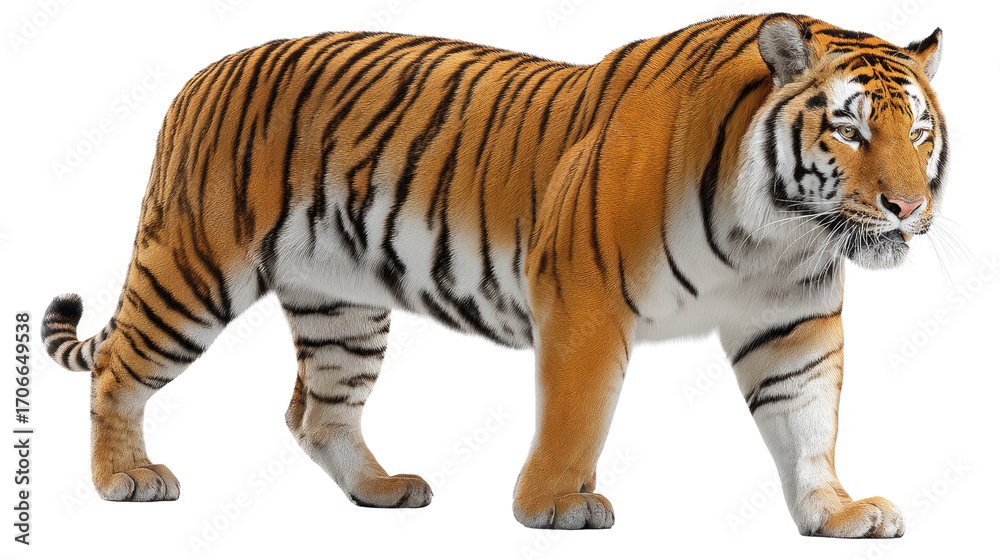 Obraz premium Majestic Tiger in motion: Witness the captivating beauty and power of a regal tiger, its striking stripes a testament to its wild spirit and untamed grace.