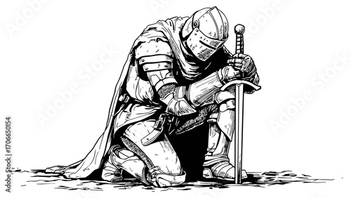 Hand drawn sketch of a man in medieval armor with sword illustration, isolated on white