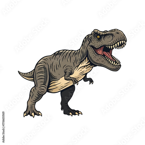 Vintage-style illustration of an angry T-Rex with a menacing roar, set against a clean white background.