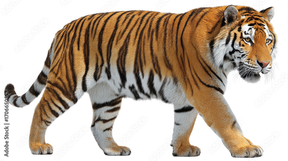 Obraz premium Majestic Tiger: A powerful tiger confidently strides, its vibrant orange and black stripes a symbol of strength and wild beauty. Capturing its raw, untamed essence.