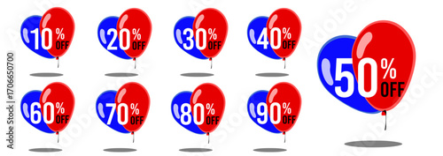 10% off 20% off 30% off 40% off 50% off 60% off 70% off 80% off 90% off, ten twenty thirty forty fifty sixty seventy eighty ninety percent off, balloon, sale, dollar, economy, retail, tariff, set.
