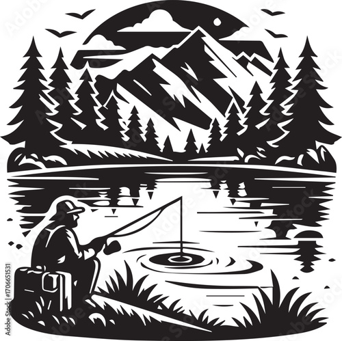 A serene black-and-white scene of a fisherman casting his line in a mountain lake.