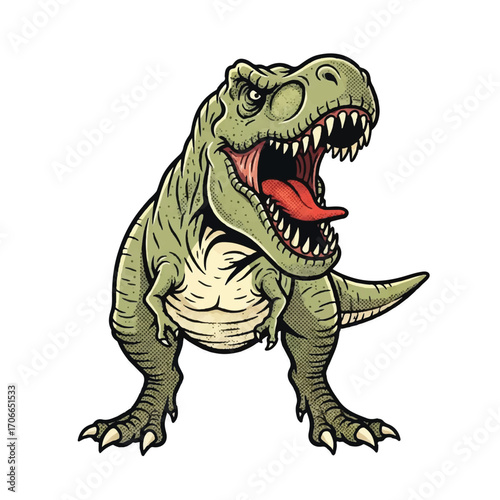 Vintage-style illustration of an angry T-Rex with its mouth open, showcasing sharp teeth and a red tongue on a clean white background.