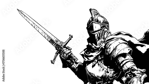 A fierce medieval warrior, armored, raises his sword in a vintage vector illustration of a knight