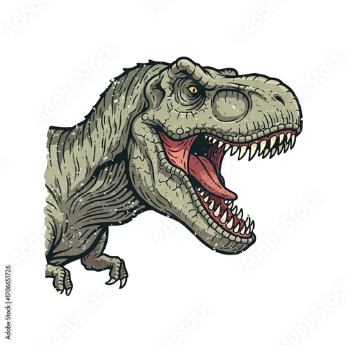 Vintage-style illustration of an angry T-Rex with its mouth open, showcasing sharp teeth and a fierce expression against a clean white background.