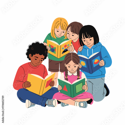 A diverse group of five young children sitting together on the floor, happily reading colorful books.
