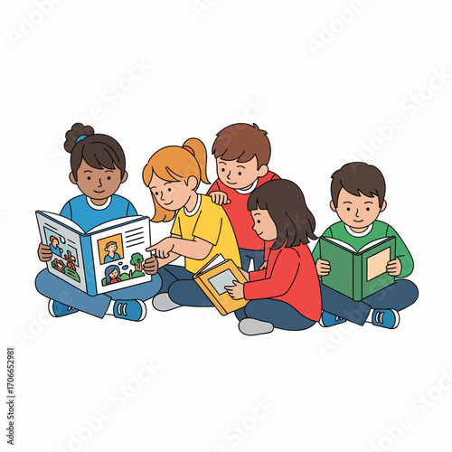 A diverse group of five young children sitting together on the floor, happily reading and sharing books in an illustration.