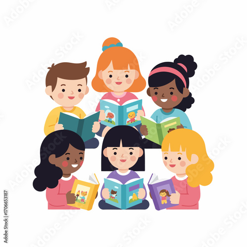 A diverse group of happy children sitting in a circle, each engrossed in reading their own book, fostering a love for learning and literacy.