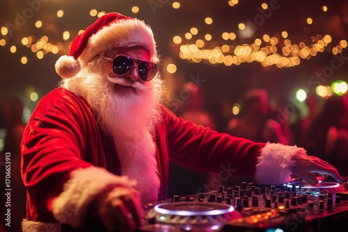 Santa Claus mixing music as DJ at vibrant Christmas party