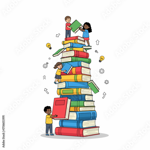 Children collaboratively building a large stack of colorful books.