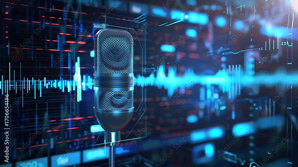 Fototapeta premium A professional microphone in front of a digital audio waveform and data interface, representing voice technology and sound analysis.