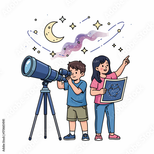 Children stargazing with a telescope and a star chart at night.
