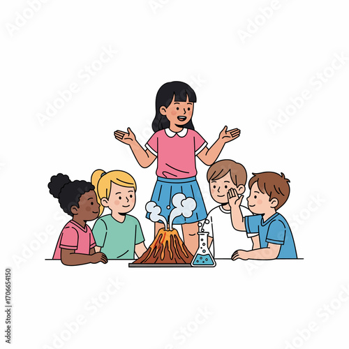 A teacher demonstrates a volcano experiment to a group of excited elementary school students in a science class.