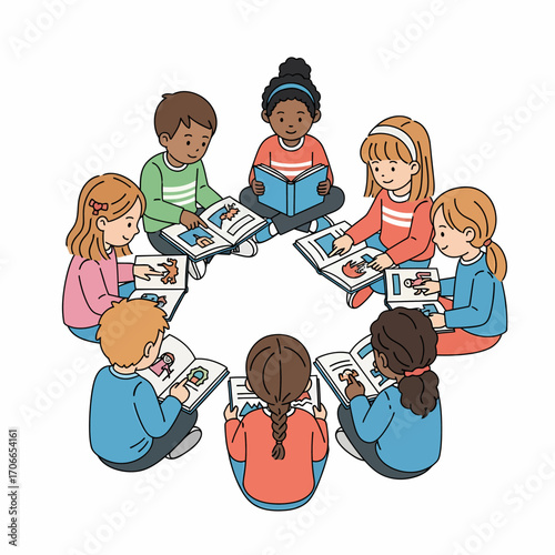 Children sitting in a circle reading books together, cartoon illustration.