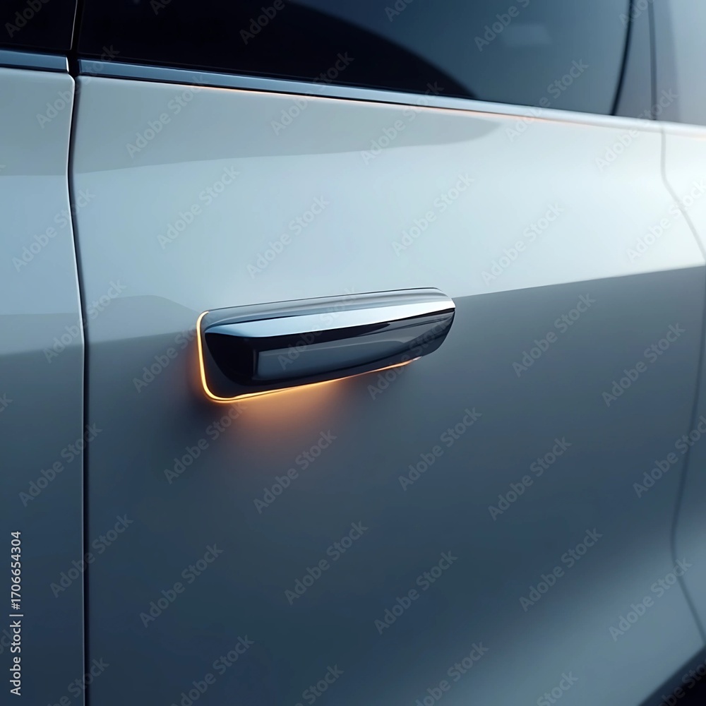 Fototapeta premium Close-up of a modern vehicle's sleek door handle, featuring a subtle amber ambient light, showcasing advanced automotive design and innovative technology in car exterior aesthetics