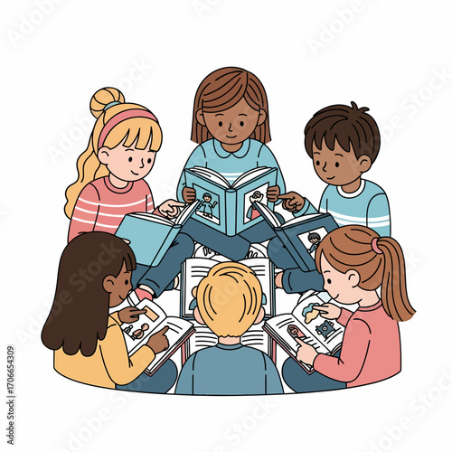 A diverse group of young children sitting in a circle on the floor, happily reading books together in a friendly atmosphere.