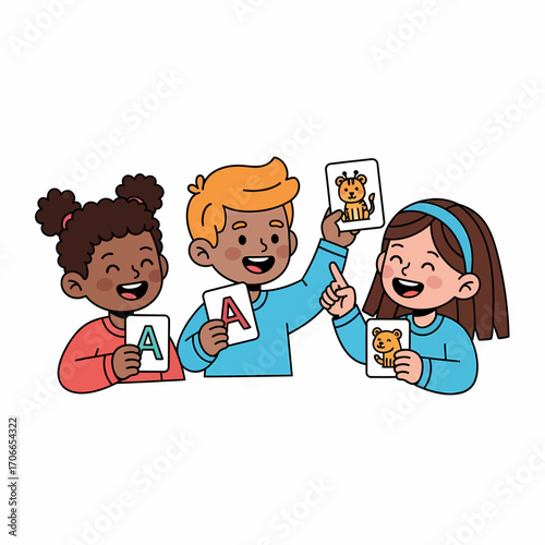 Three diverse children are happily engaged in an educational activity, holding up cards with letters and animal illustrations.