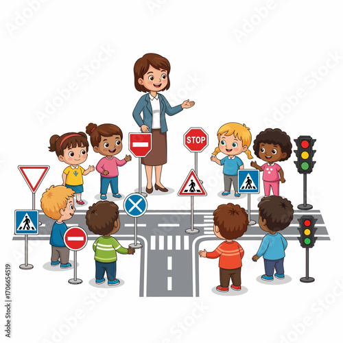 A teacher instructs a group of diverse children about traffic signs and road safety in an educational setting.