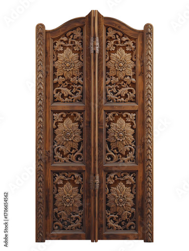 Antique, carved wooden door with a gold handle and intricate texture