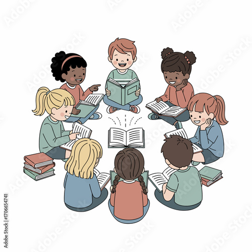 A diverse group of young children sitting in a circle on the floor, happily reading books together in a book club setting.